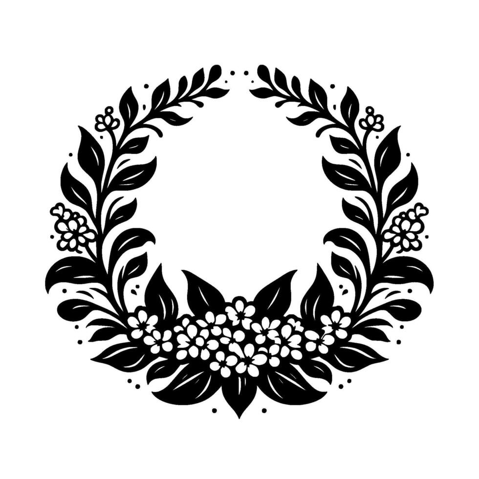 Symmetric black and white floral wreath with delicate blossoms and leaves on a white background. vector