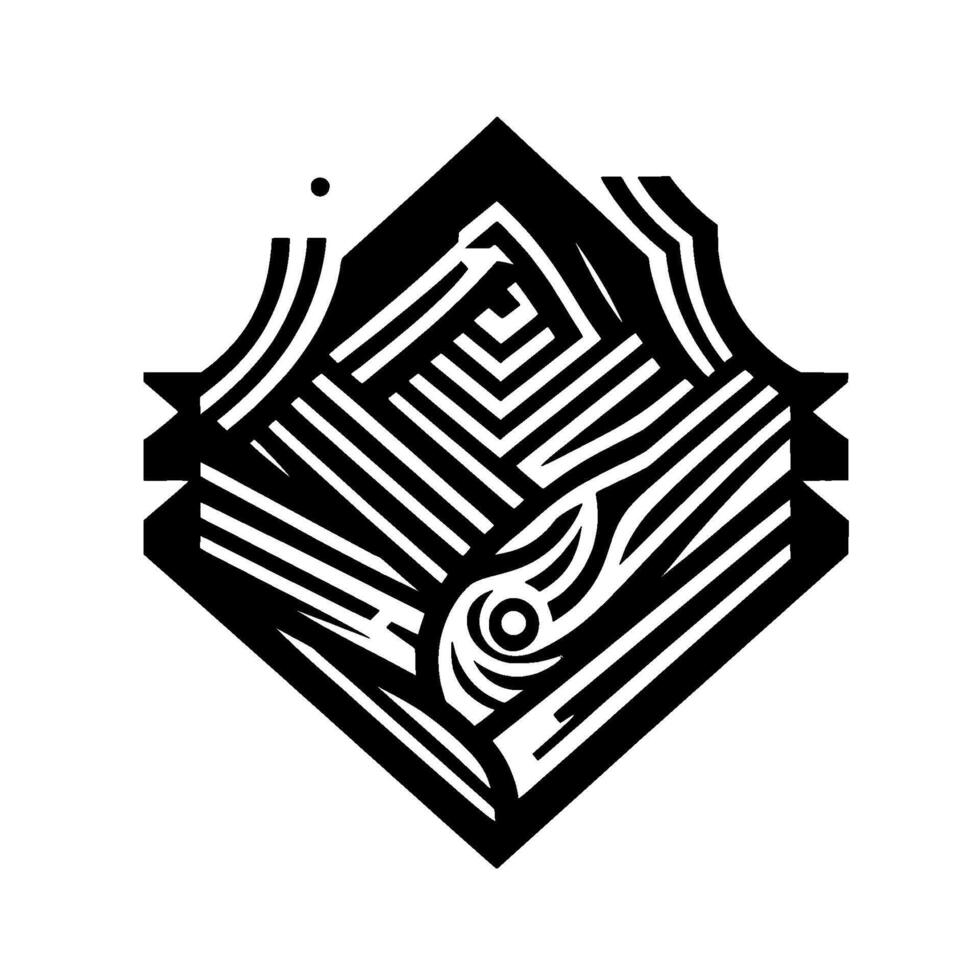 Bold, geometric black and white artwork features a symmetrical rhombus containing a stylized eye and linear patterns. vector