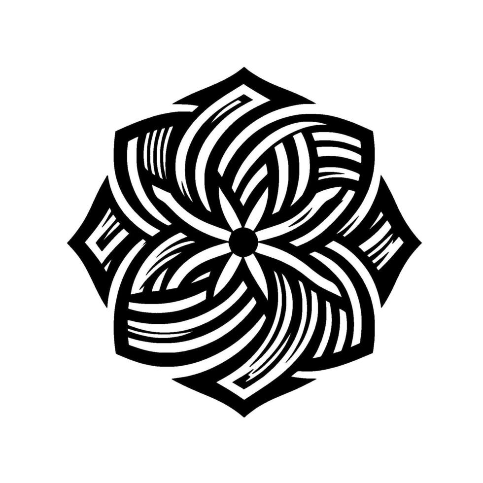 Intricate black and white geometric floral mandala with a starshaped center and striated patterns on a white background. vector