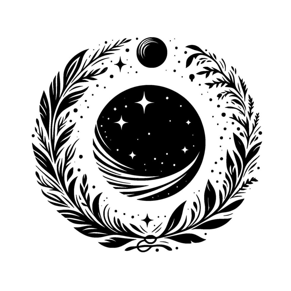 Black and white celestial wreath starry night circle with botanical frame, crescent moon, and starburst accents, mystical aura vector