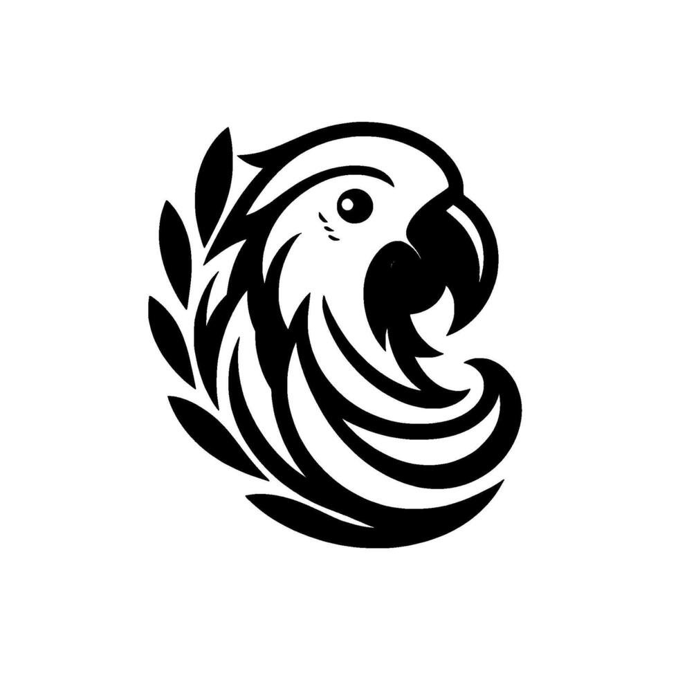 Stylized black and white parrot head logo, sporting a detailed beak, eye, and feather detailing on a clean white backdrop vector
