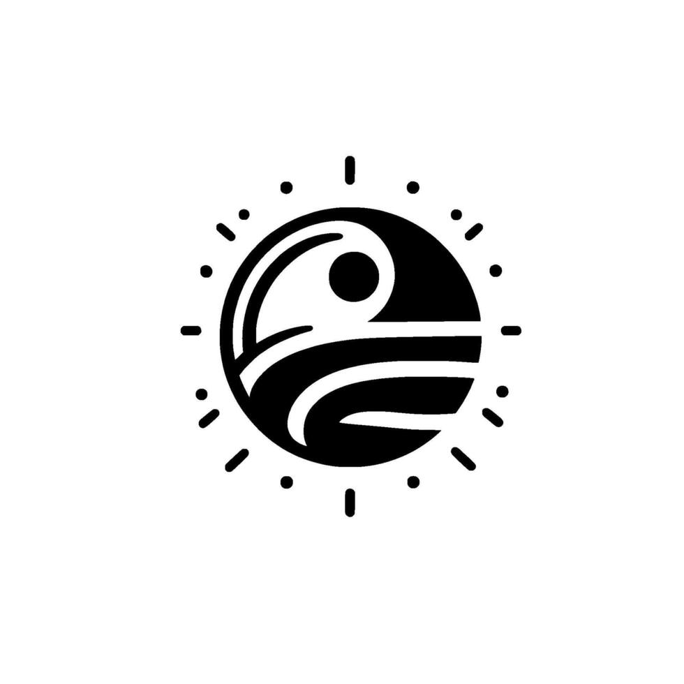 A stylized black and white featuring a sunlike emblem within a circle, incorporating abstract waves and radiating dots. vector