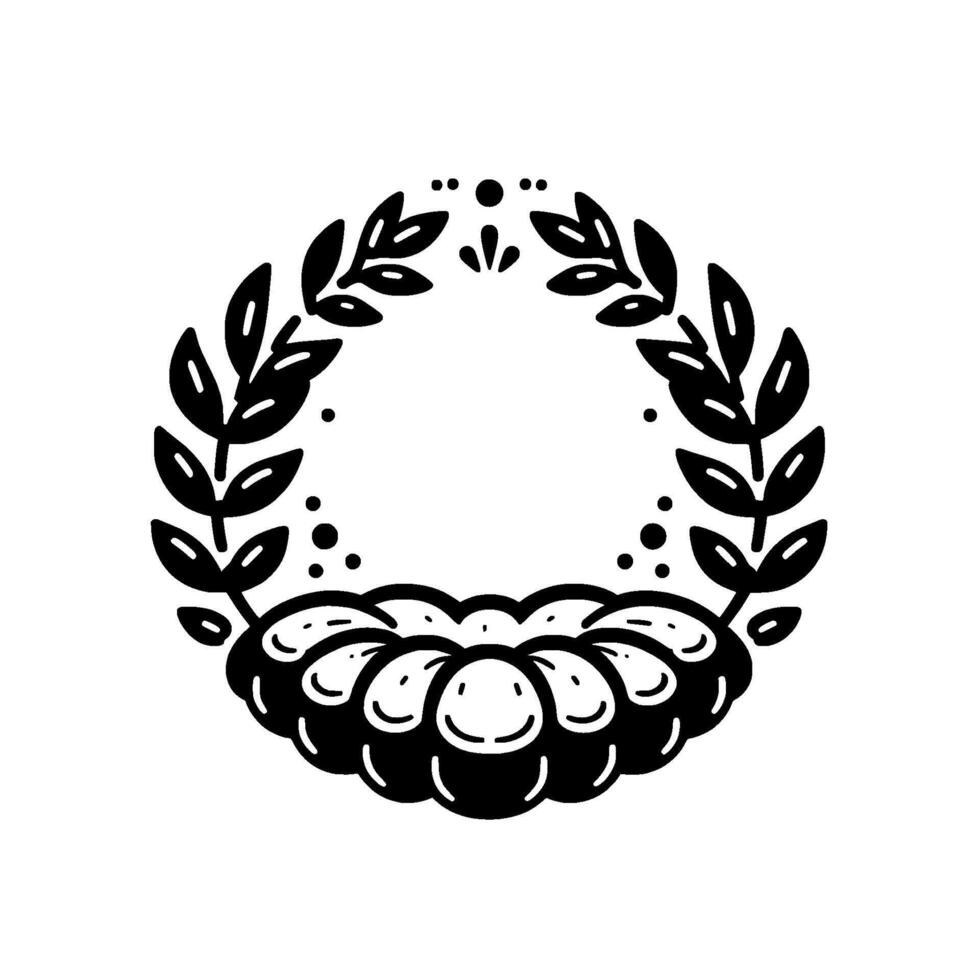 Black and white minimalist circular design, featuring olive branch wreath, stylized cloudlike base, and dot embellishments, creating a decorative frame. vector