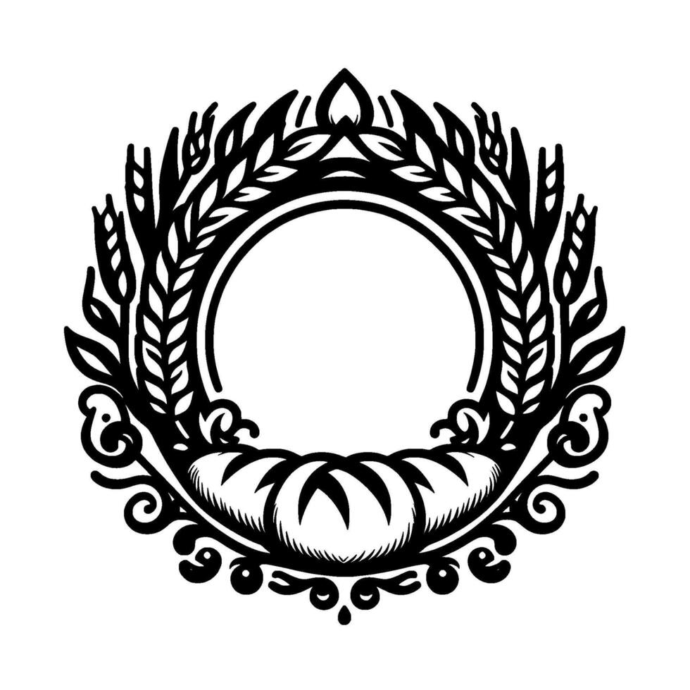 Monochromatic floral emblem with circular central void, featuring wheat, leaves, and decorative elements. vector