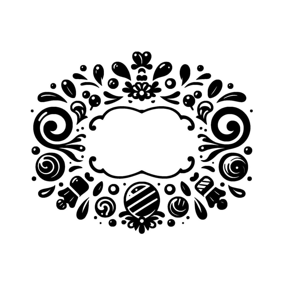Elegant black and white floral frame with swirls, leaves, berries and an oval central opening vector