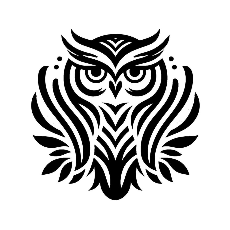 Minimalist monochrome owl illustration symmetrical of a majestic bird with striated feathers and intense gaze, against white backdrop. vector