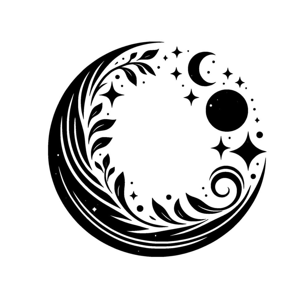 Celestial floral crescent a black and white circular featuring leaves, stars, moons, and spirals, embodying nature and cosmic harmony. vector