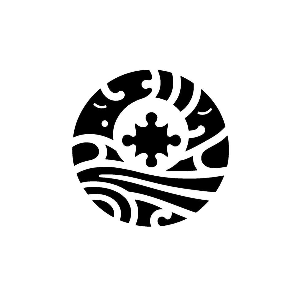 Black and white circular with an isolated jigsawlike element in the center, surrounded by wavelike patterns, on a white background. vector