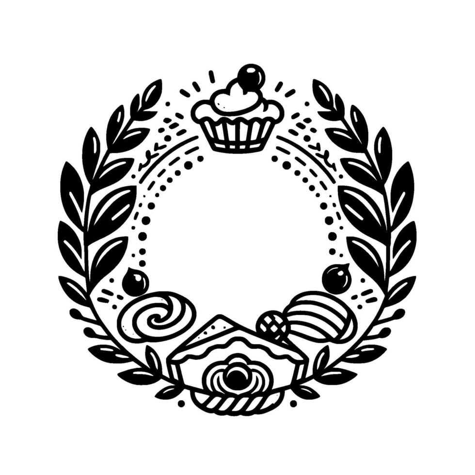 Whimsical black and white dessert wreath a charming, minimalist illustration featuring baked goods cupcake, cake, pastry within a leafy circular frame, on a white background. vector
