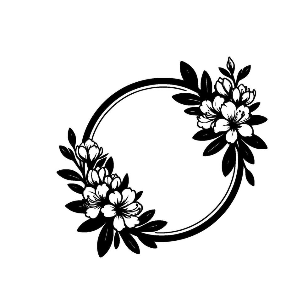 A monochrome circular floral wreath illustration, showcasing detailed blooms and leaves elegantly framing a central negative space. vector