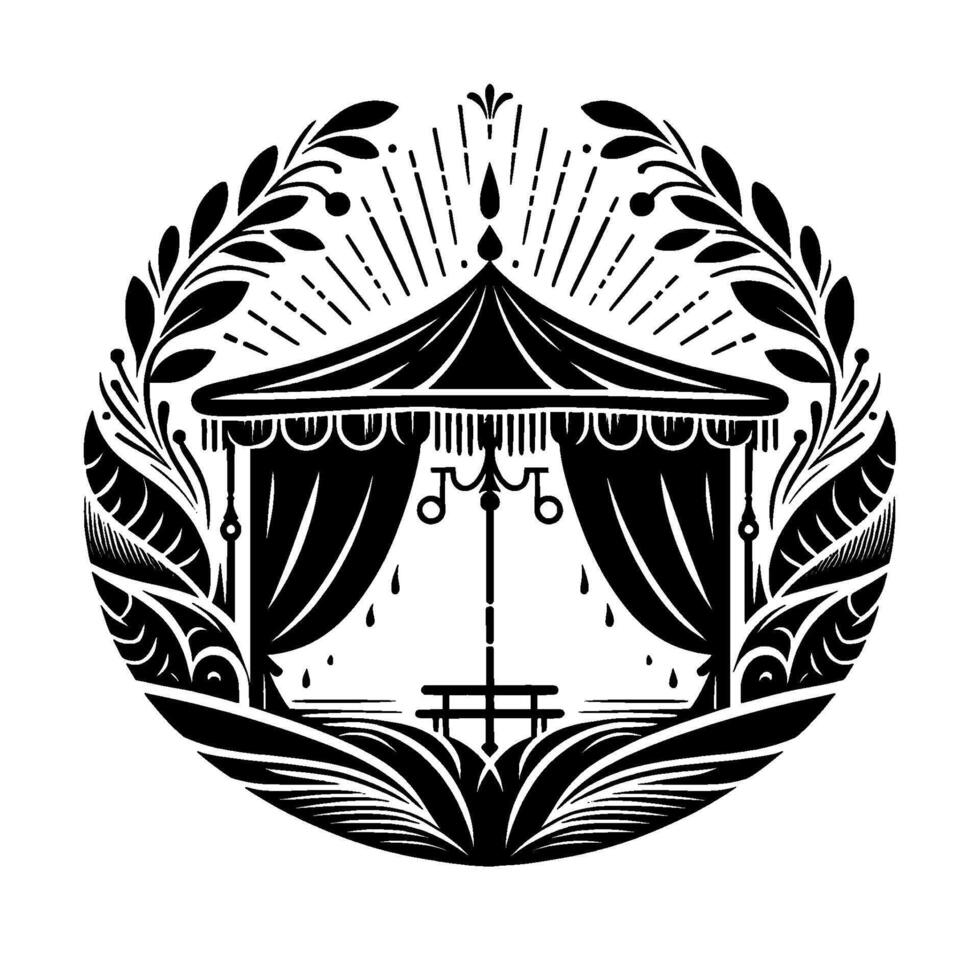 Elegant black and white circular illustration of a gazebo with draped curtains, floral frame, and dramatic lighting effect. vector