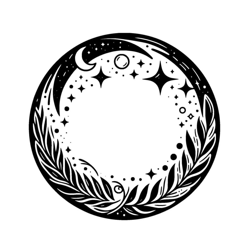 Celestial floral mandala a black and white circular showcasing stars, moon, and leafy elements forming a cosmic emblem. vector