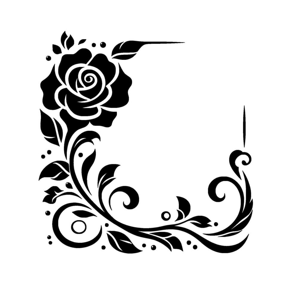 Elegant black and white floral corner with a rose, leaves, and decorative vines, ideal for a decorative border or element. vector