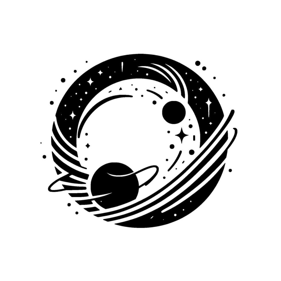 Black and white circular space illustration, planets, stars, and cosmic orbits, aesthetic minimalist design. vector