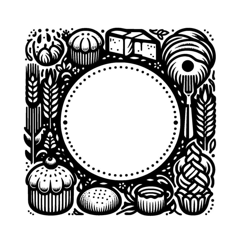 Black and white frame bakery themed border with pastries, bread, coffee, wheat, and an open center circle for a design. vector