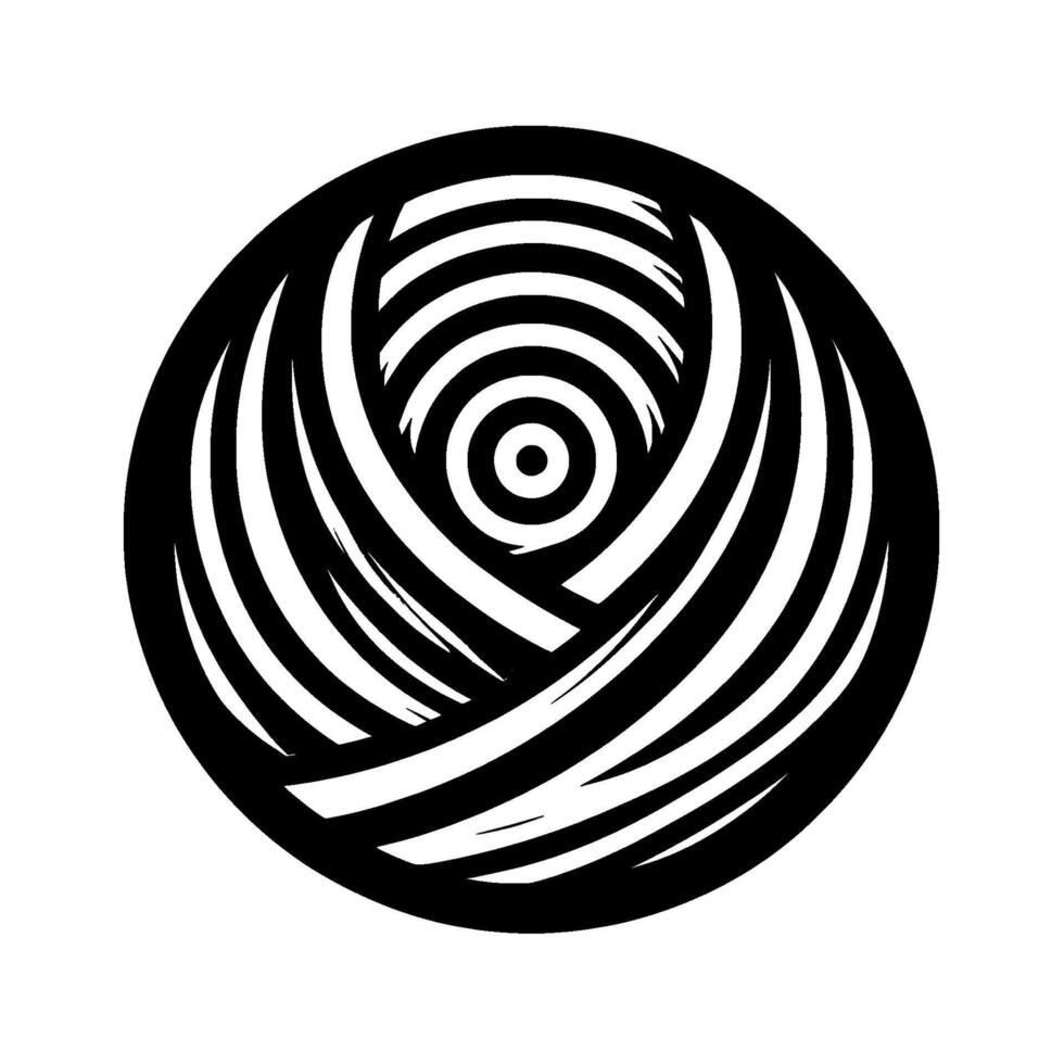 Abstract black and white design concentric circles and arcs forming an eyelike pattern within a rounded frame. vector