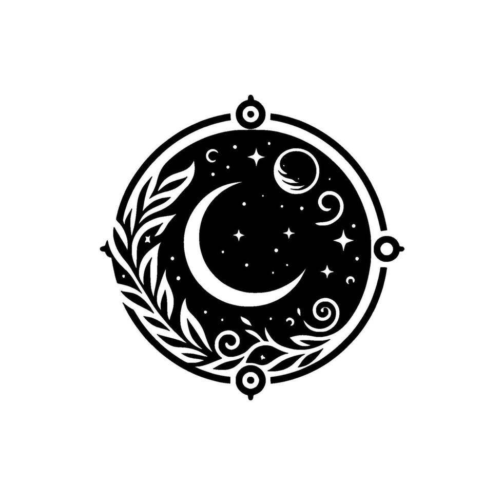Celestial emblem crescent moon, stars, and foliage within a circular frame, a monochrome emblem of nights beauty. vector