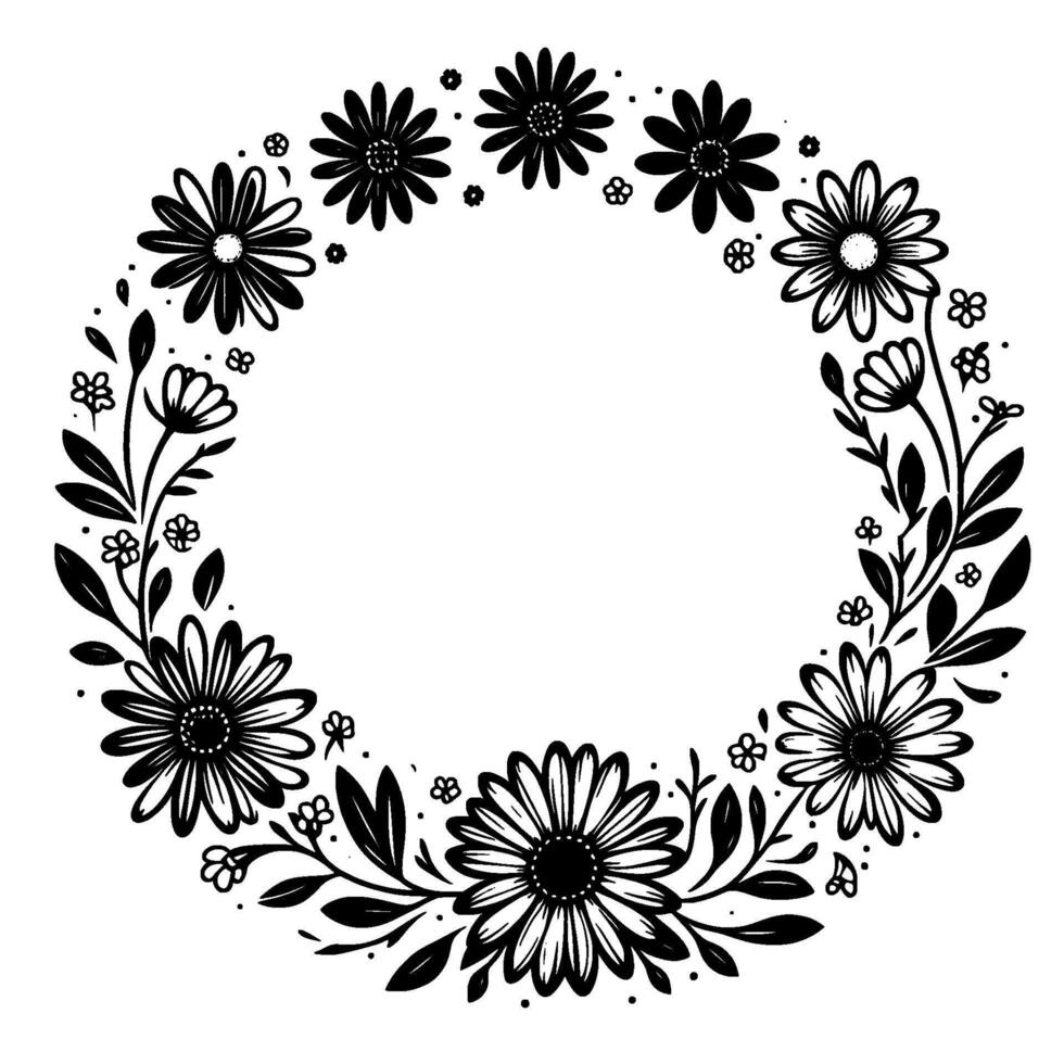 Intricate black and white floral wreath daisylike blossoms, leaves, and tiny flower details arranged in a circular pattern with an empty center, creating a decorative border. vector