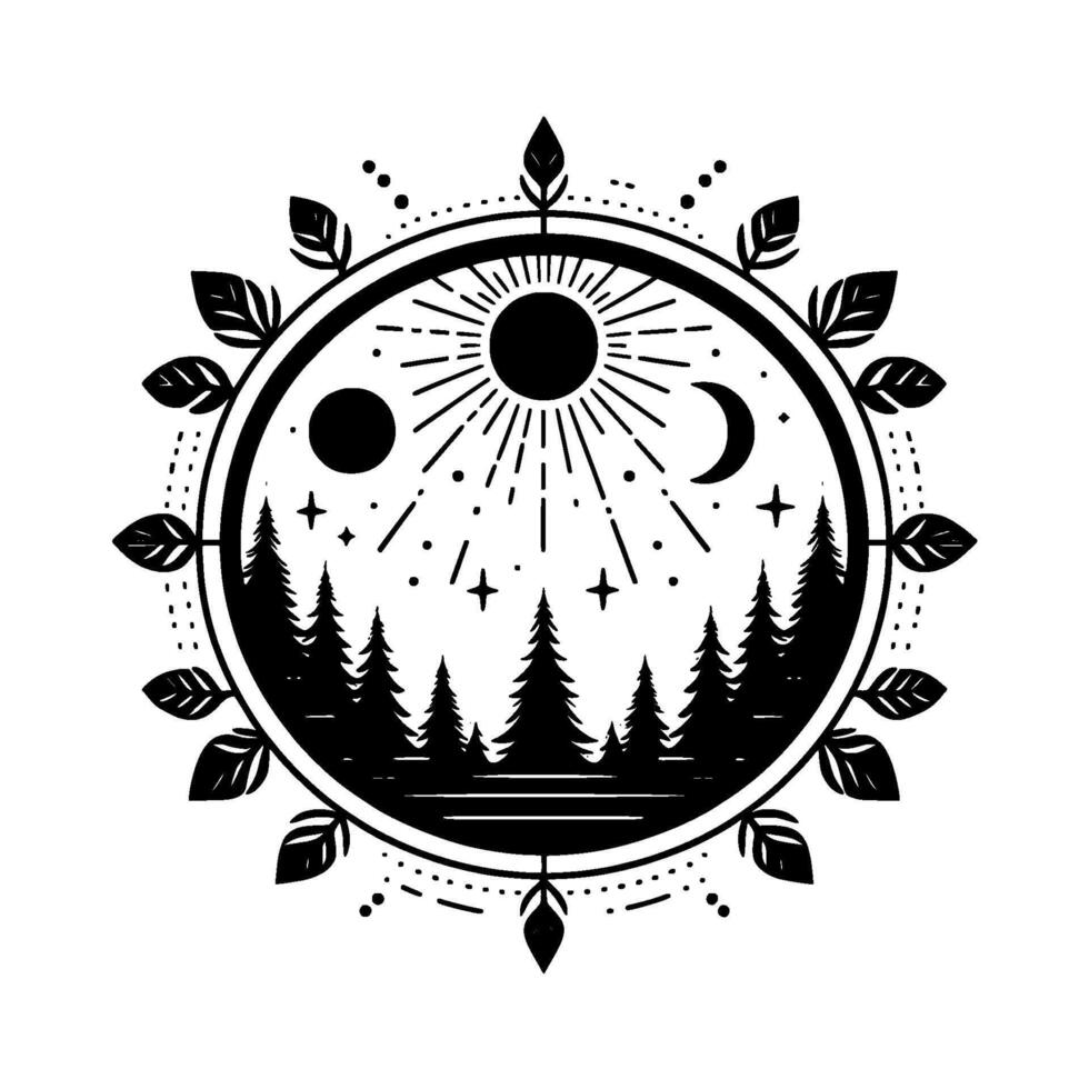 Celestial forest a circular black and white illustration of sun, moon, stars, and pine trees surrounded by decorative leaves. vector