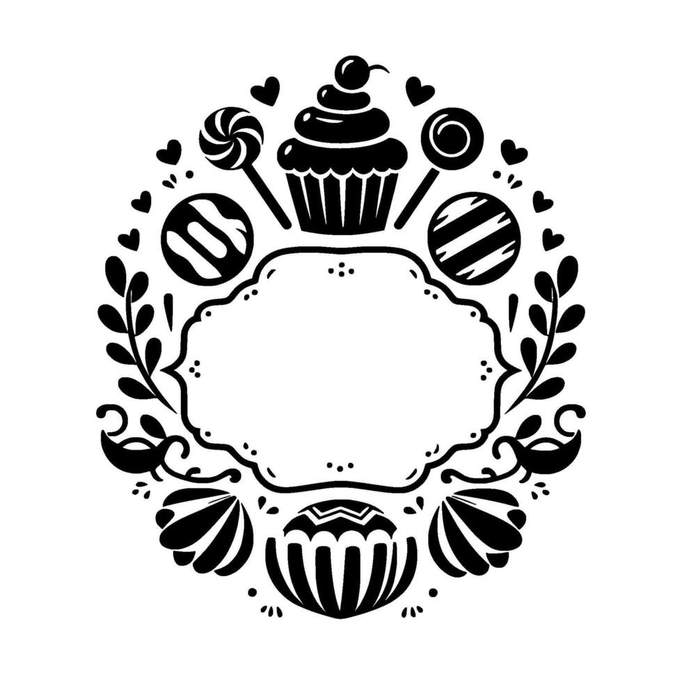 Intricate black and white dessert wreath with cupcake, lollipops, sweets, and a decorative border frame. vector