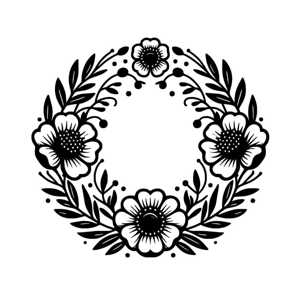 Intricate floral wreath illustration with detailed black white design, featuring poppies, leaves, and ornate elements on a white background. vector