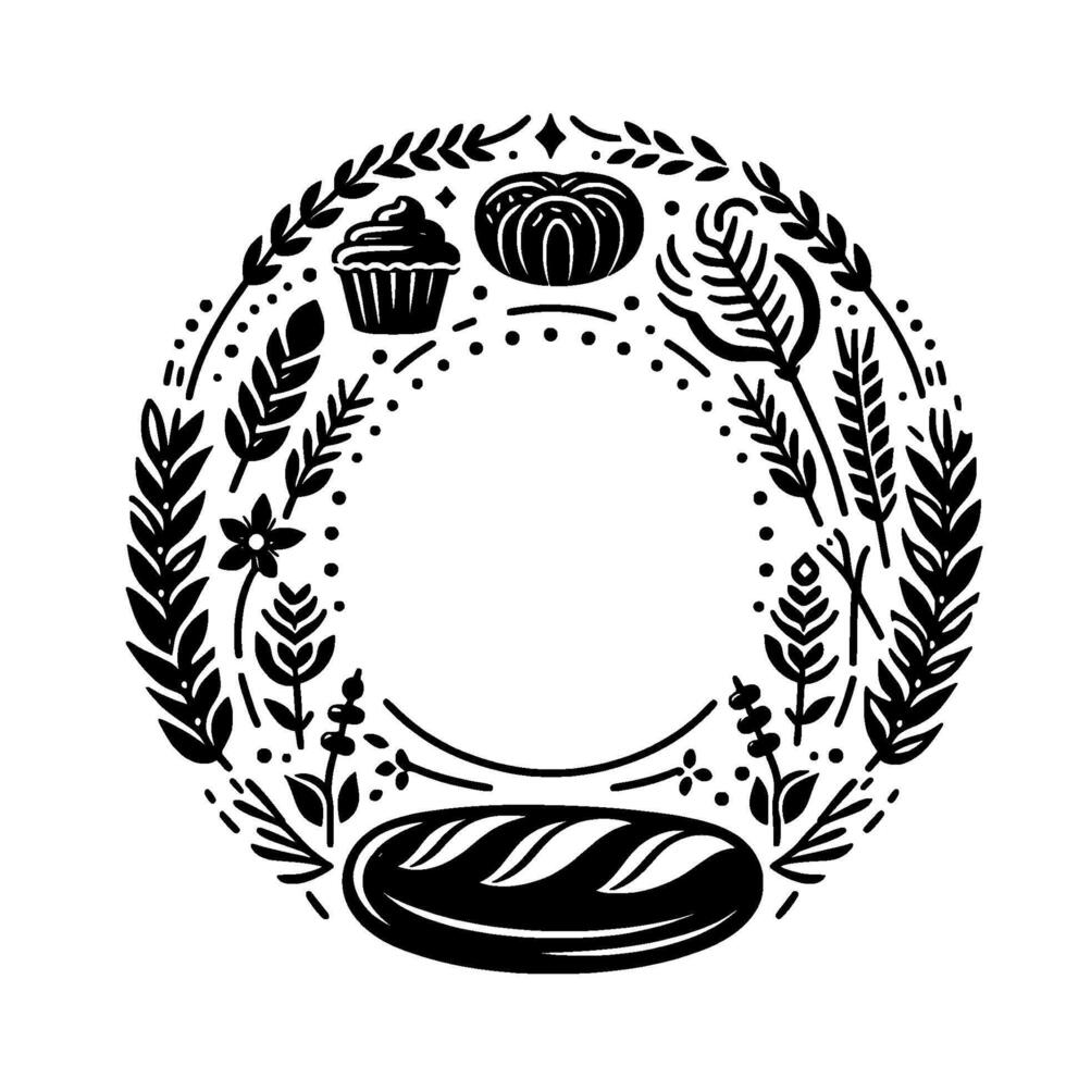 Stylized illustration of a bakery wreath with bread, pastries, and botanical elements in a monochromatic black and white design. vector