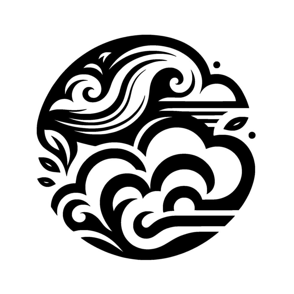 Intricate black and white circular featuring stylized wave, cloud, and leaf motifs, exuding balance and harmony. vector