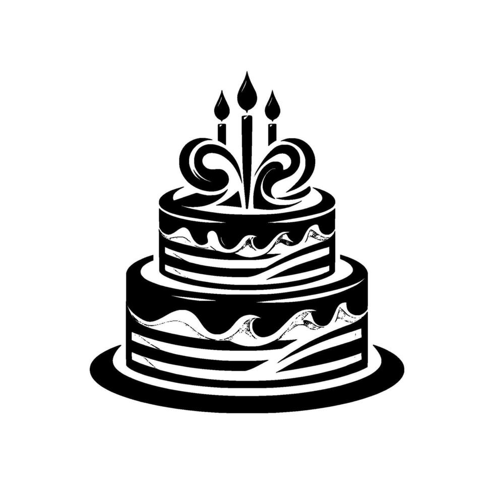 Twotiered black and white birthday cake illustration with swirling frosting, candles, and decorative ornaments on a white background. vector