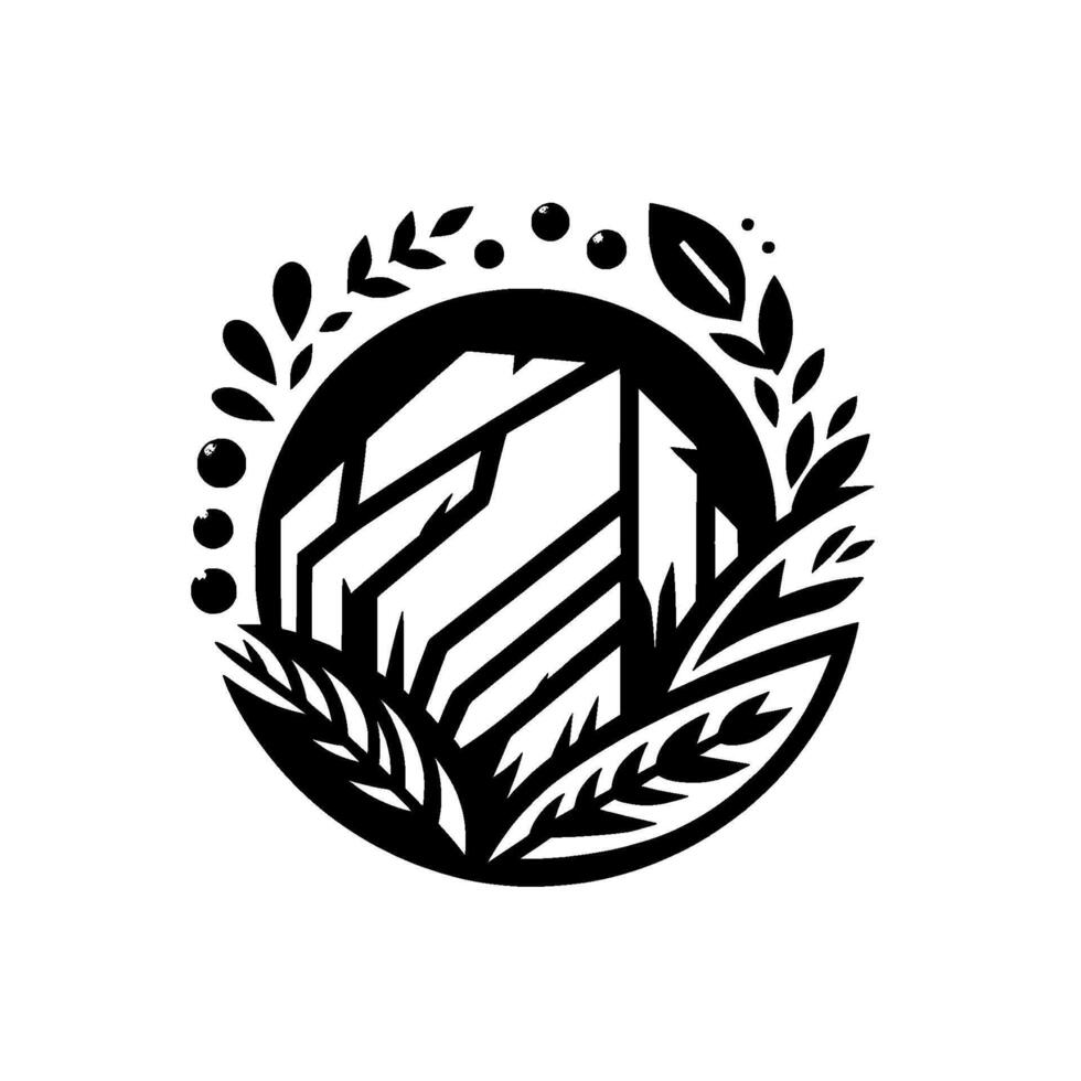 Geometric black and white with stylized mountains, foliage circle frame, minimalist aesthetic, natural elements vector