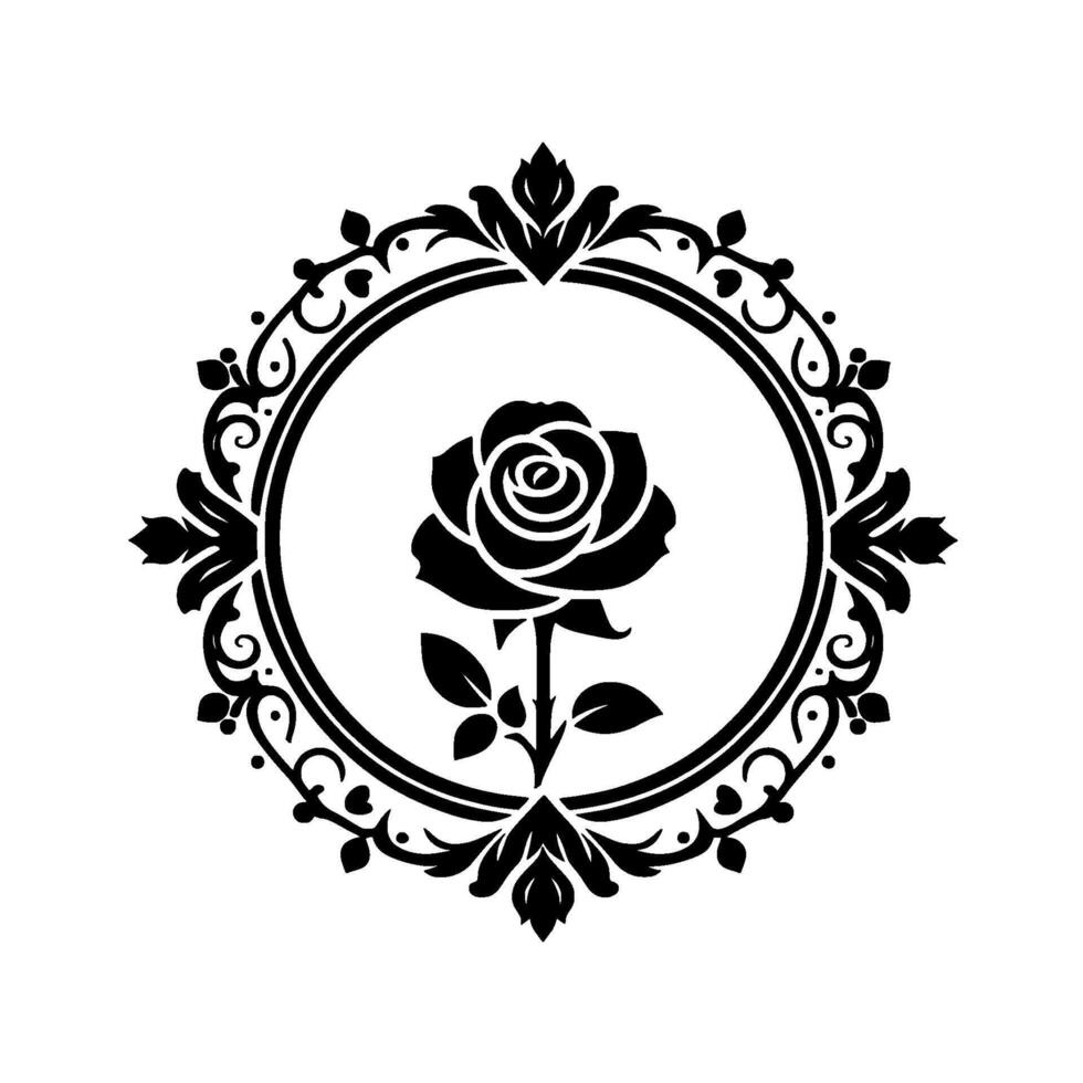 Elegant black rose emblem in circular ornate frame with floral accents on white backdrop, vector