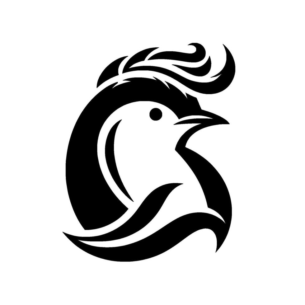 Elegant black and white logo stylized penguin bird head with modern lines and feathered crest against white background. vector