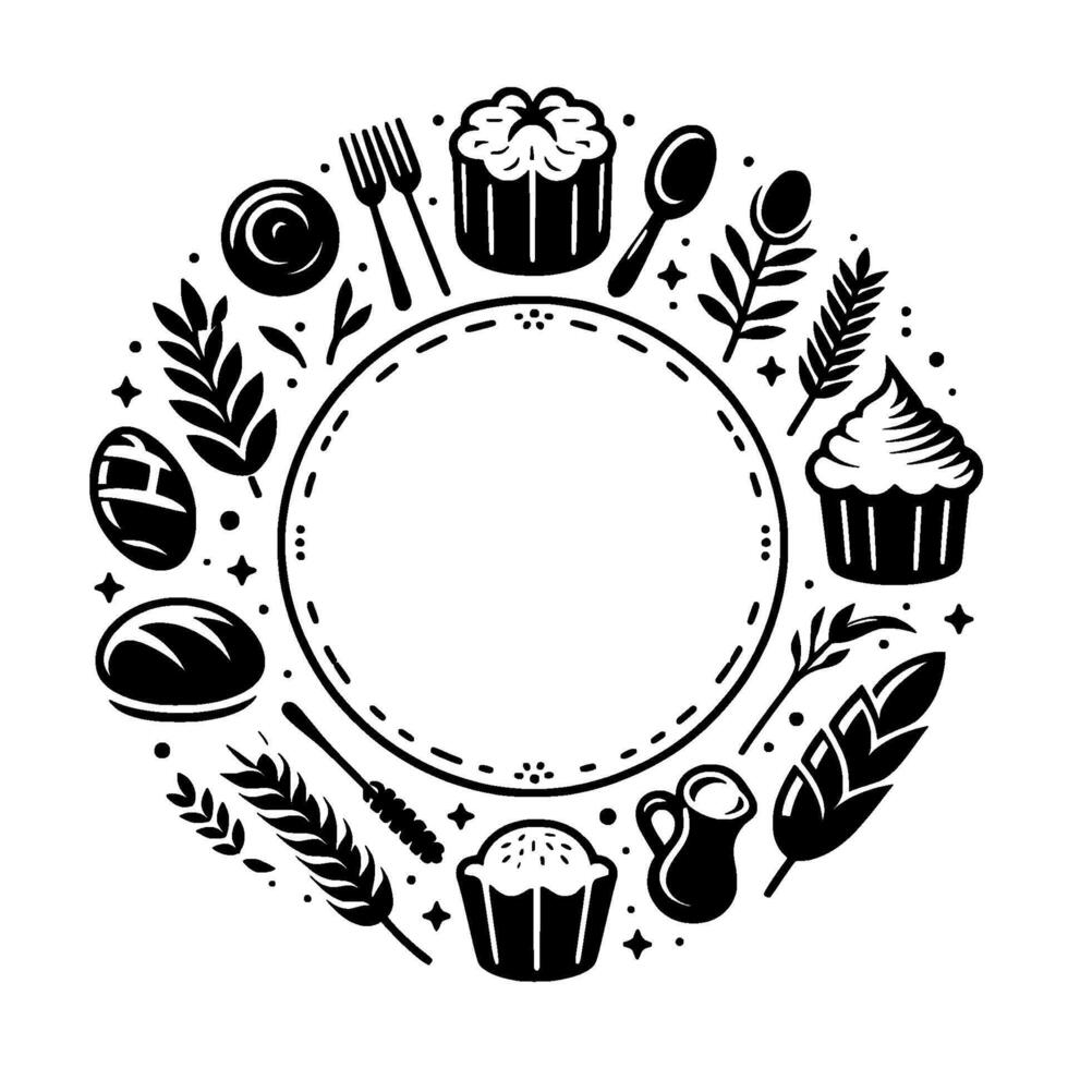 Black and white circular illustration of baking eating items bread, cupcakes, cutlery, and wheat, arranged around a circle vector