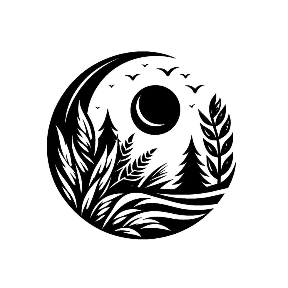 Yinyang nature illustration black and white circular featuring moon, birds, trees, and flowing plant life. vector