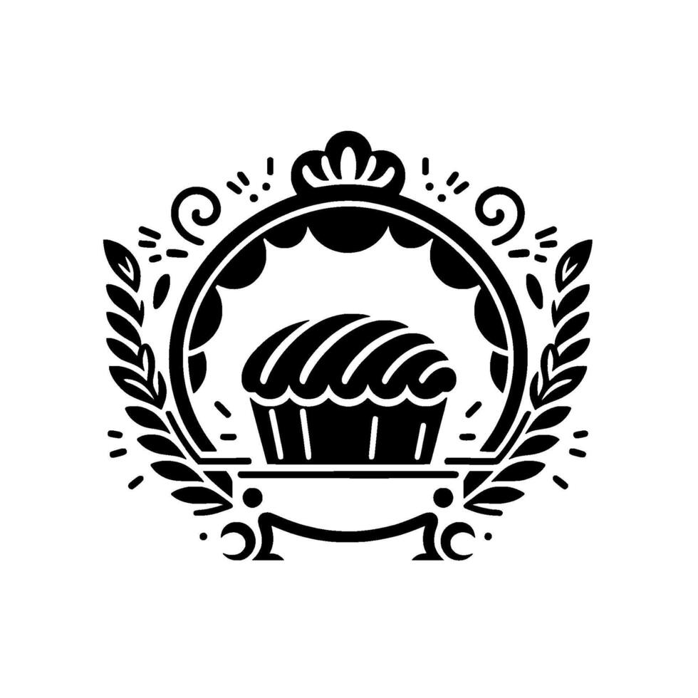 Elegant black and white illustration of a muffin in a decorative frame, with a crown, laurel leaves, and ornamental flourishes. vector