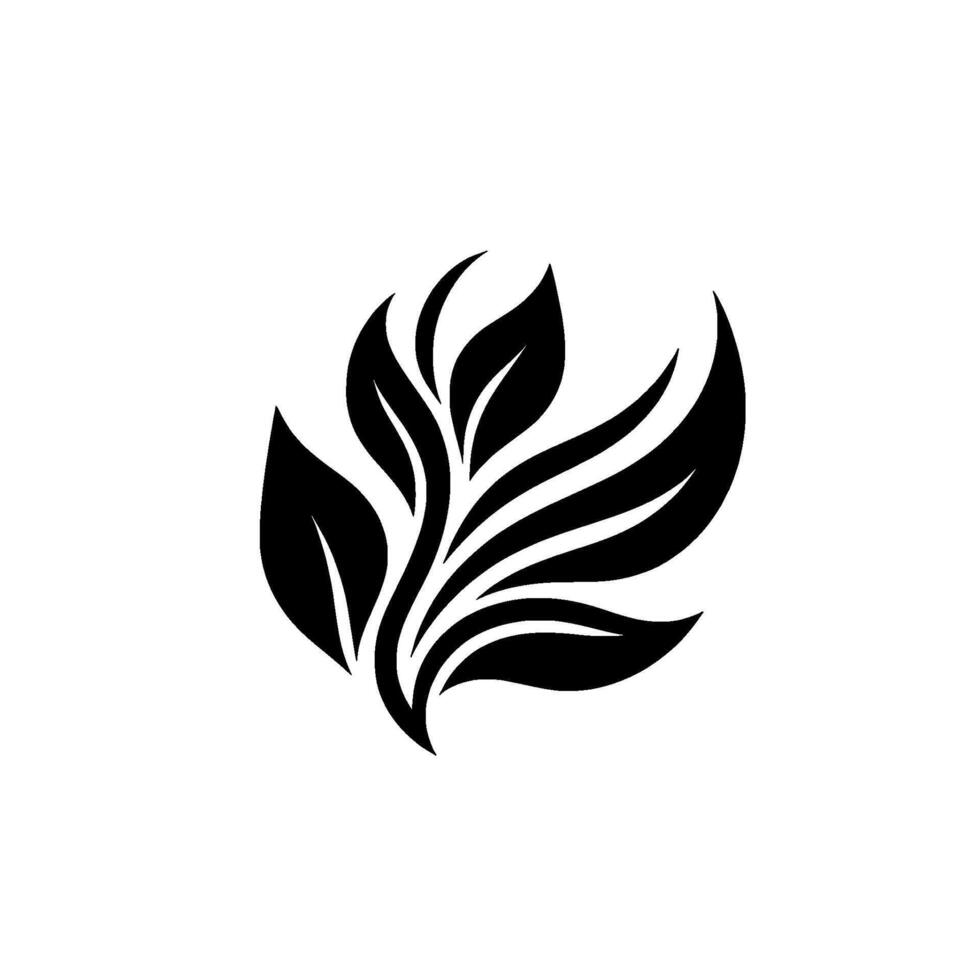 Stylized black botanical illustration featuring a clustered leaf and curved stem against a stark white background, evoking modern simplicity. vector