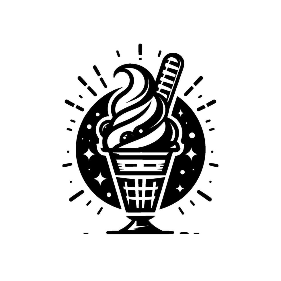 Black and white retrostyle illustration of an ice cream sundae in a waffle cone, with a wafer stick and a starry halo around it. vector