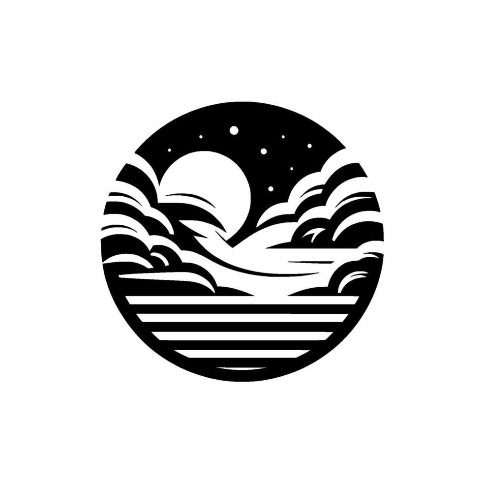 Minimalist, circular, black and white illustration of a night seascape with the moon, stars, clouds, and stylized water lines, evoking tranquility. vector
