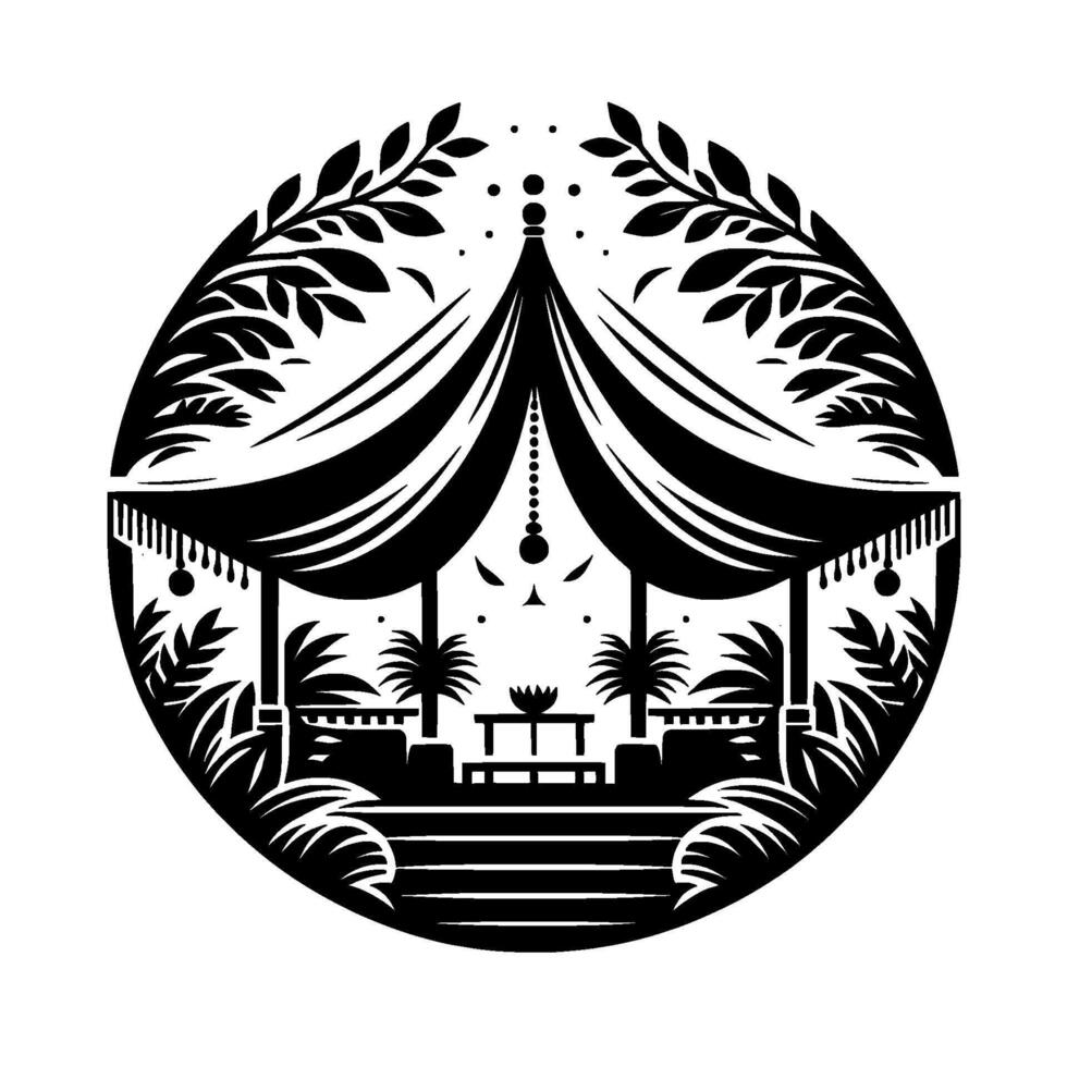 Intricate blackandwhite, circular illustration of a gazebo or pavilion with tentlike roof, surrounded by foliage and a layered design. vector