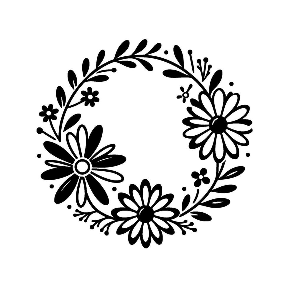 Elegant monochromatic floral wreath design, a circular composition of stylized daisies, leaves, and delicate details on a white background, evoking grace and natural simplicity. vector