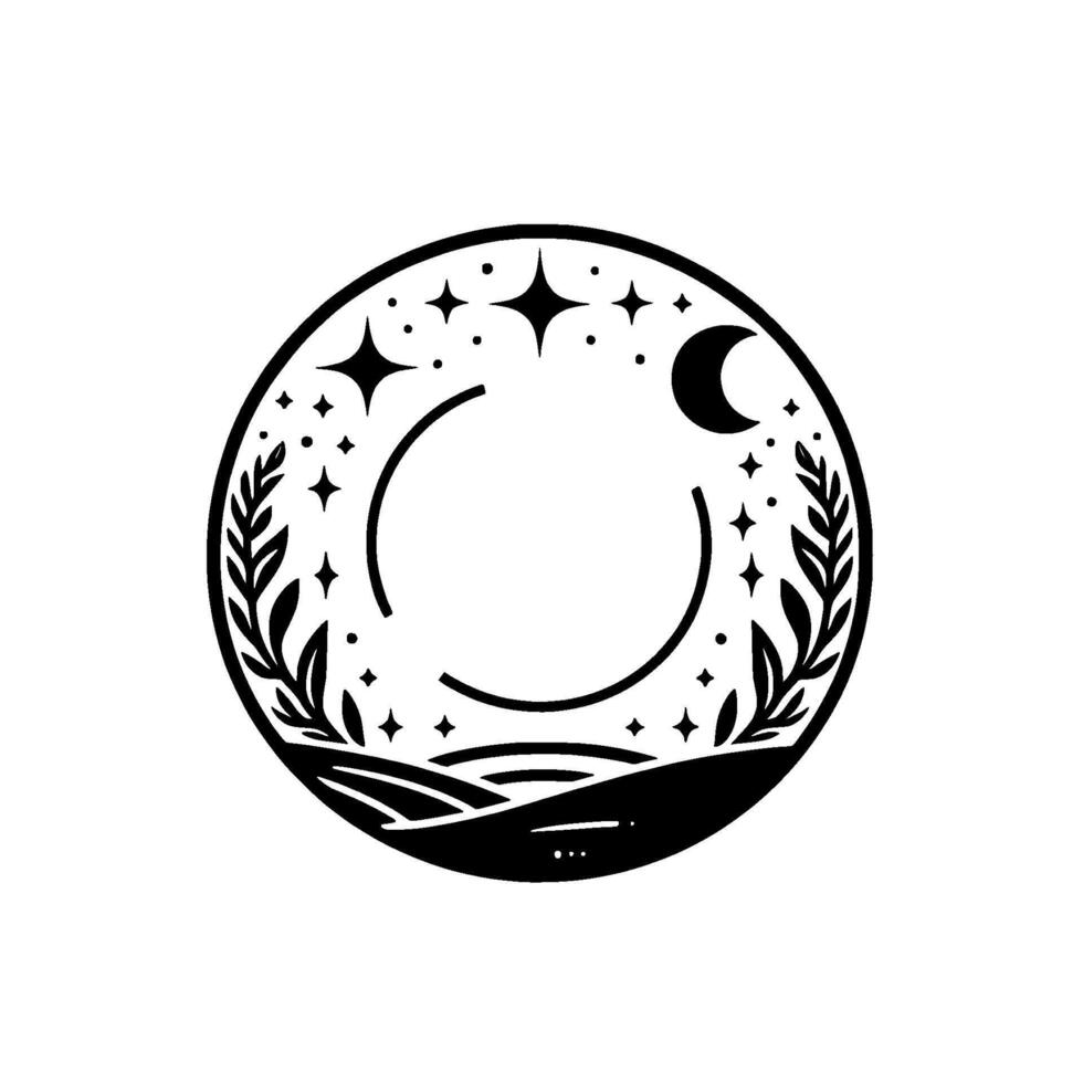 Circular celestial illustration a minimalist black and white featuring a crescent moon, stars, stylized foliage, and a landscape within a circular frame. vector