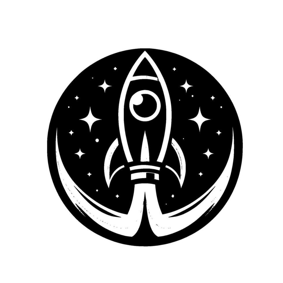 Black white space rocket design a stellar emblem featuring a rocket ship amidst a starry night sky, evoking a sense of cosmic adventure and innovation. vector