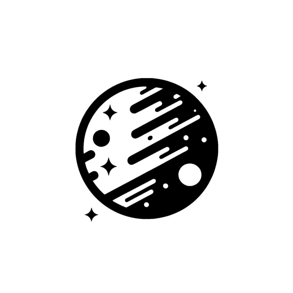 Minimalist black and white cosmic illustration of a planet with geometric lines, stars, and dotted details on a white background. vector