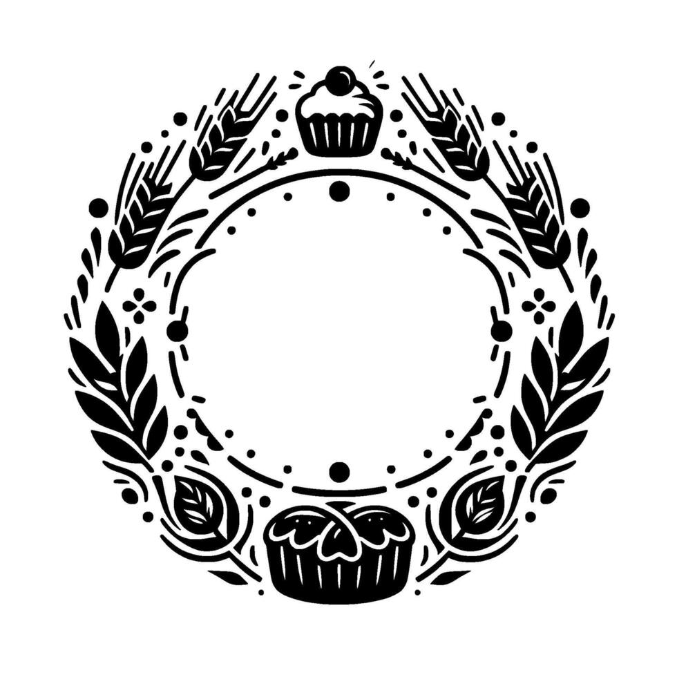 Circular black and white illustration featuring a decorative wreath with wheat, leaves, cupcakes, and an open center. vector