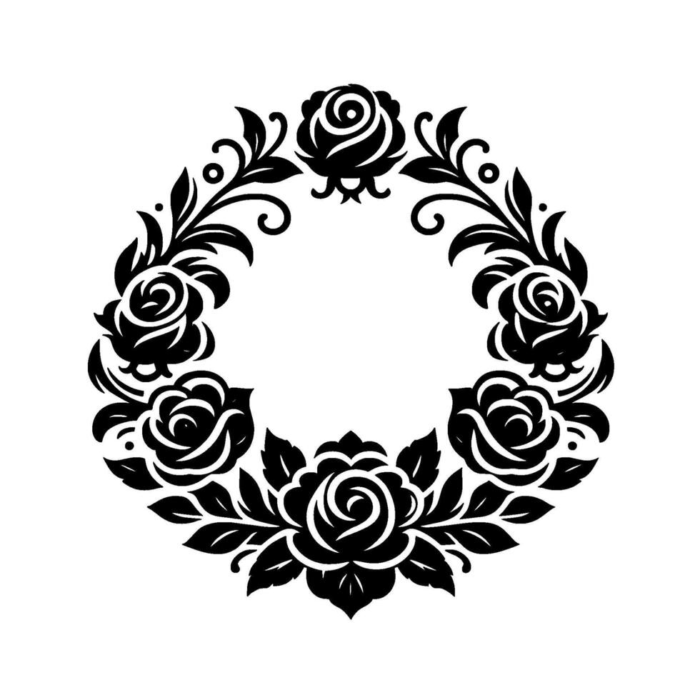 Intricate black and white rose wreath a circular floral with leaves, petals, and elegant curves on white. vector