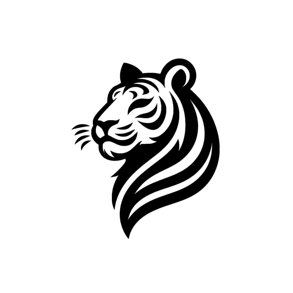 A striking black and white depicts the stylized side profile of a tigers head, showcasing bold stripes on white background. vector