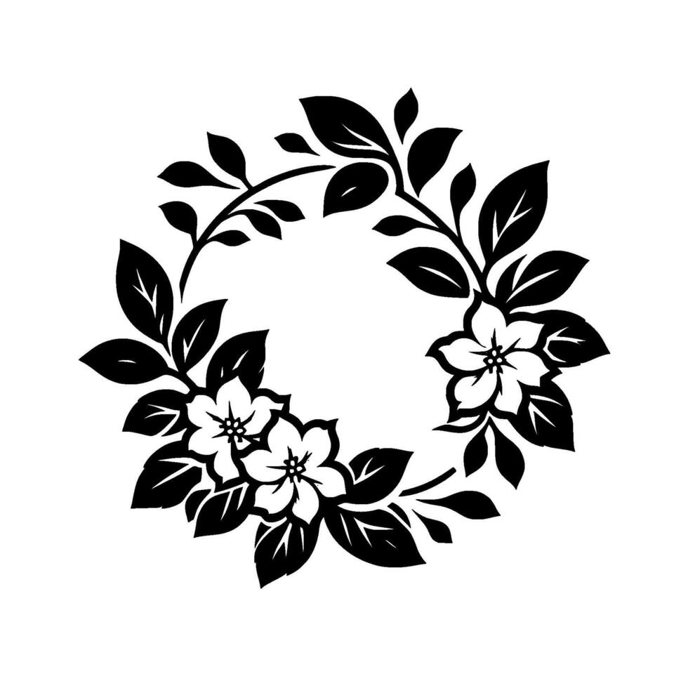 Elegant black white floral wreath composition blooms, leaves, branch, and minimalist design. vector