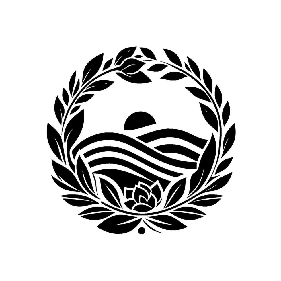Minimalist black and white nature emblem depicting stylized landscape with sun, hills, flowing water and lotus within laurel wreath. vector