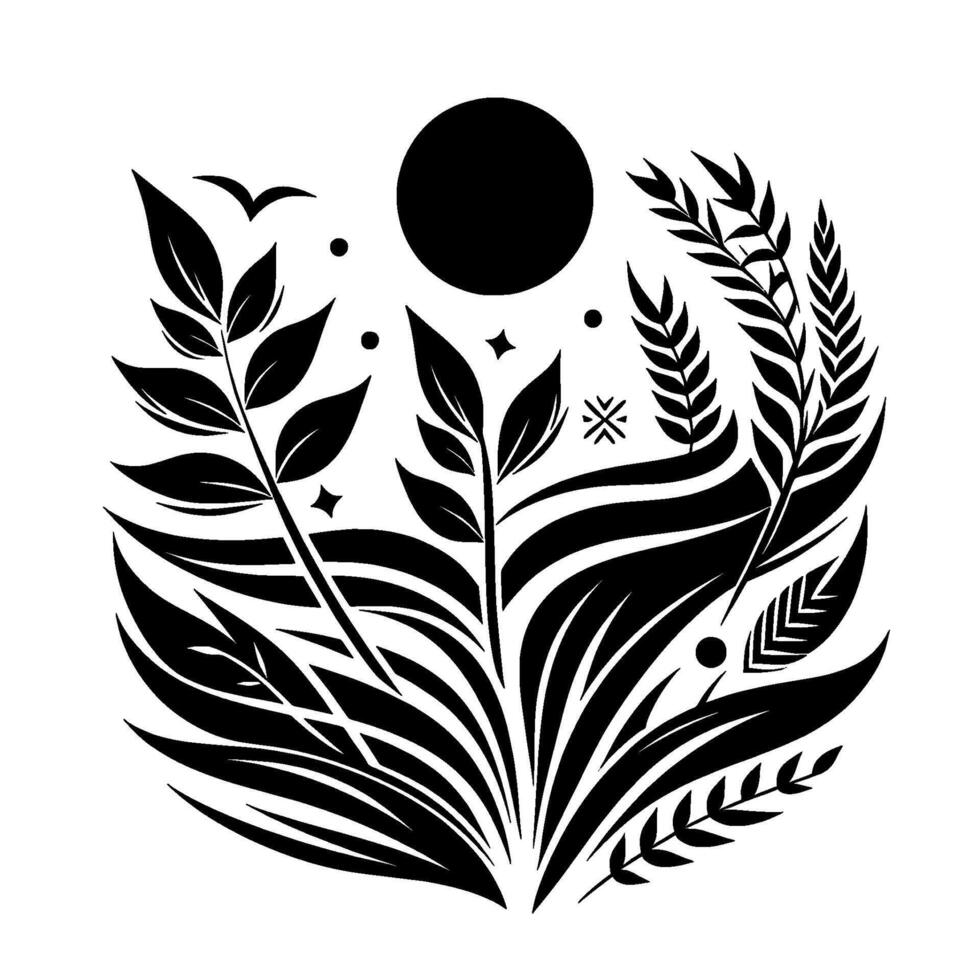 Elegant black and white botanical illustration with central sun, floral elements, geometric accents, and a bird. vector