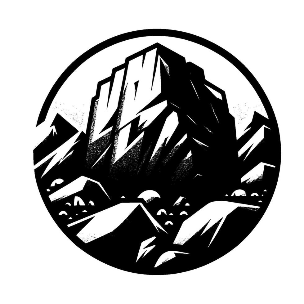 Monochromatic mountain range illustration in a circular frame, showcasing a stylized jagged peak and subtle dot pattern textures. vector