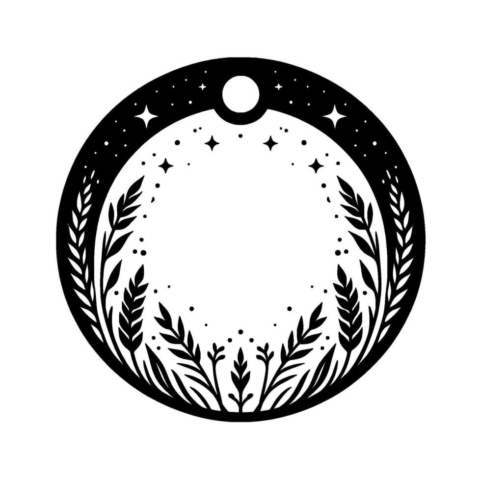 Black and white celestial floral emblem featuring a full moon, stars, and stylized leaves within a circular frame, ideal for decorative uses. vector